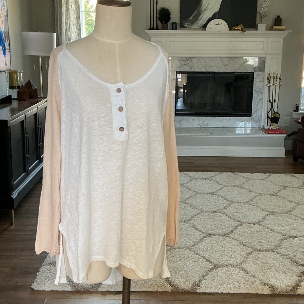 Free People White Scoop Henley with Blush Raglan Sleeves